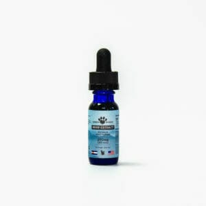 Earth Buddy 250 mg Hemp Extract for pets in a blue glass bottle.