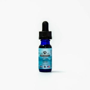 Earth Buddy 250 mg Hemp Extract for pets in a blue glass bottle.