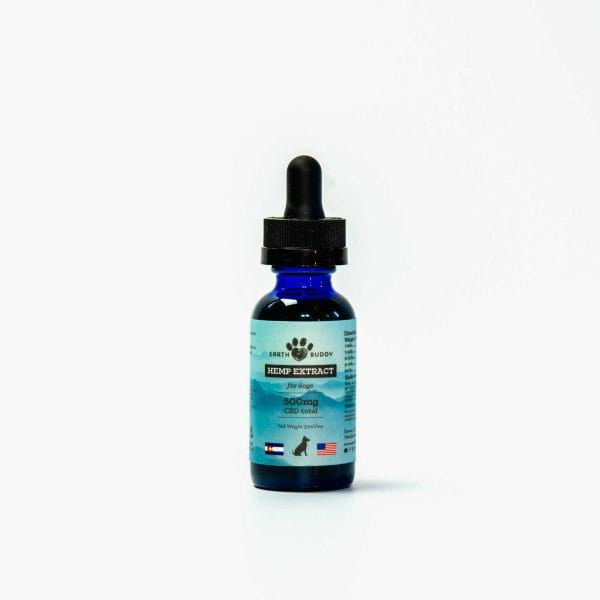 Earth Buddy 500 mg Hemp Extract CBD oil for dogs in blue glass bottle