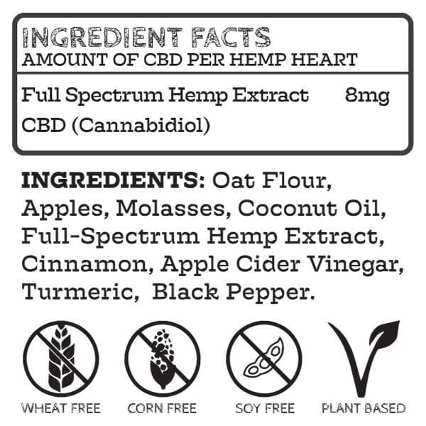 Ingredient panel for Extra Strength CBD treats for dogs with organic ingredients listed.