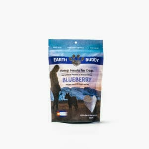 bag of earth buddy blueberry hemp heart cbd dog treats with made in Colorado logo at bottom of bag