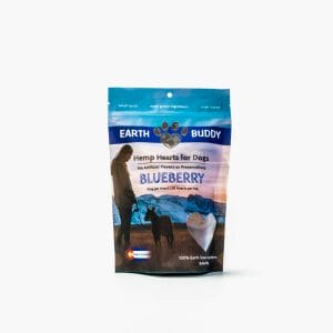 bag of earth buddy blueberry hemp heart cbd dog treats with made in Colorado logo at bottom of bag