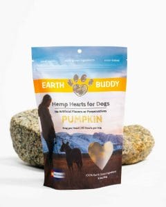 bag of earth buddy hemp heart cbd treats for dogs pumpkin flavor in front of a rock
