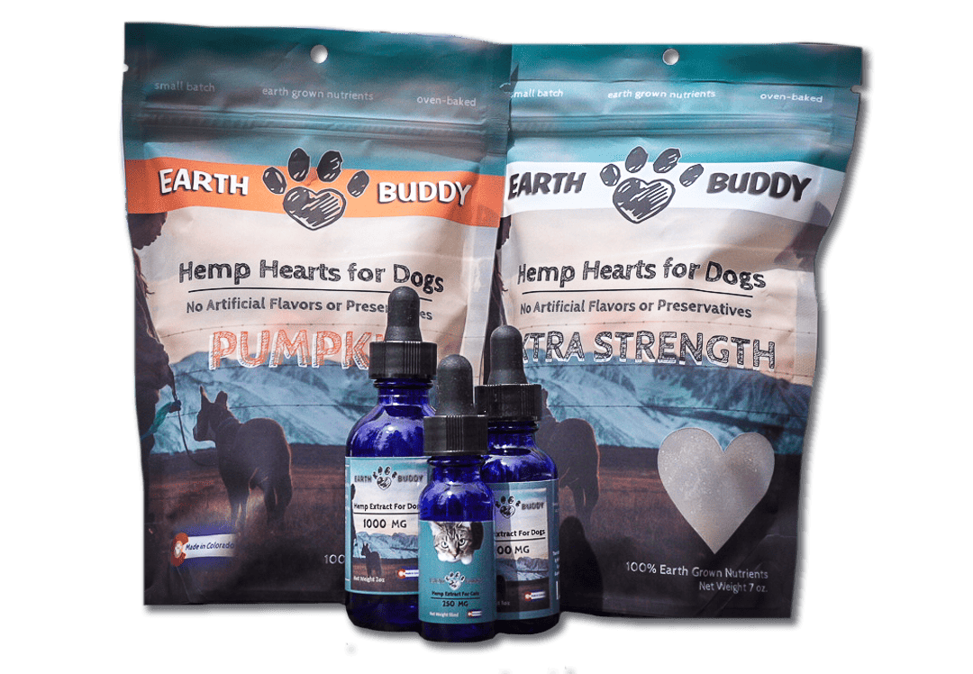 Bags and tinctures of Earth Buddy natural pet supplements like Hemp Hearts and CBD oils.