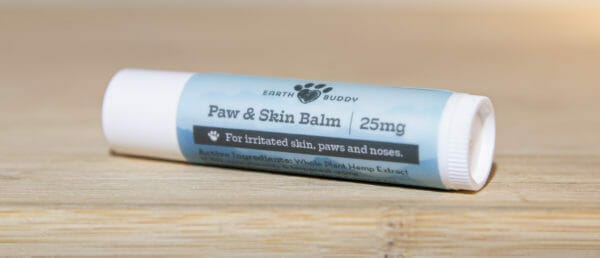 Small trial-size tube of Earth Buddy hemp dog skin balm for dry skin, paws, and noses on a table.