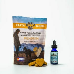 Earth Buddy’s Buddy Pack is trial size extra strength, Pumpkin Hemp Heart CBD treats and 500 mg Hemp Extract for Dogs.