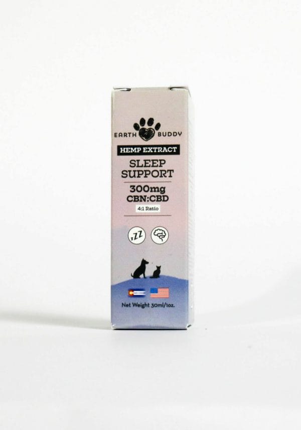 Outer packaging of Earth Buddy's Sleep Support 300MG product that is a CBN oil for sleep for dogs and cats.