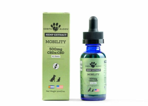 Green box next to blue bottle of Earth Buddy Mobility Extract with CBDa for dogs. CBDa helps with arthritis in dogs.