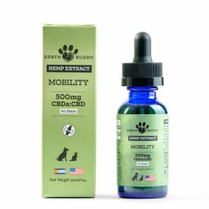 Green box next to blue bottle of Earth Buddy Hemp Mobility Extract with CBDa for dogs. CBDa for dogs helps with arthritis.