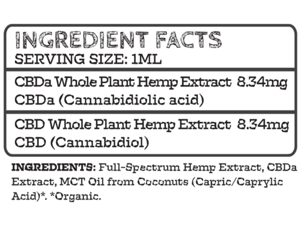Ingredients in Earth Buddy Balance Hemp Extract with CBDa for dogs & cats.