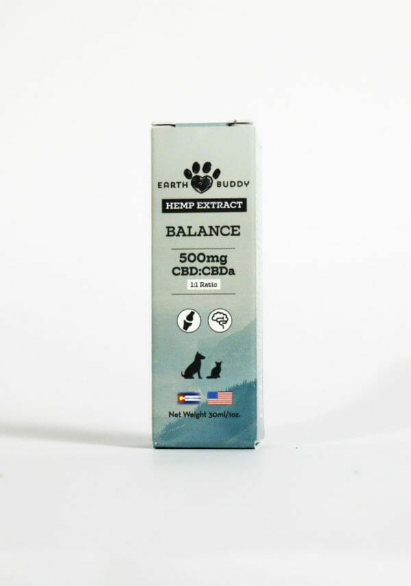 Earth Buddy Balance CBD Oil for dogs and cats is a blend of 50/50 CBD, CBDa. Balance CBD, CBDa tincture in its box.