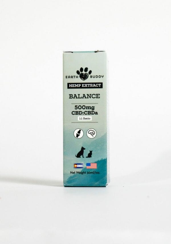 Earth Buddy Balance CBD Oil for dogs and cats is a blend of 50/50 CBD, CBDa. Balance CBD, CBDa tincture in its box.