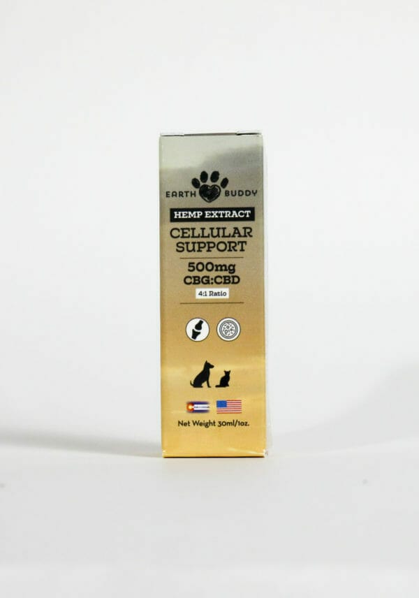 The outer packaging of Earth Buddy Cellular Support Hemp Extract blend of CBD and CBG oil for dogs and cats.