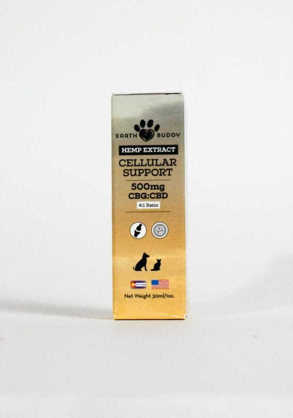 The outer packaging of Earth Buddy Cellular Support Hemp Extract blend of CBD and CBG oil for dogs and cats.