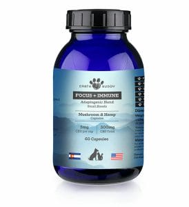 image of blue bottle containing Earth Buddy mushroom capsules for dogs and cats