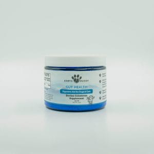 earth buddy colostrum supplement for dogs and cats in blue jar with white top. colostrum is great for upset tummies.