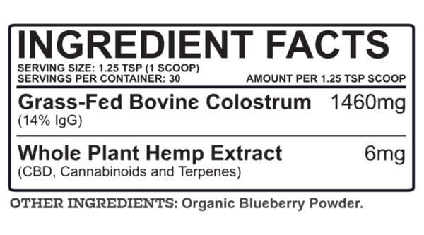 Ingredient panel of Earth Buddy cat & dog gut health colostrum supplement.