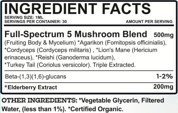Ingredient label for Earth Buddy Immune Tincture with 5 functional mushrooms for dogs & cats.