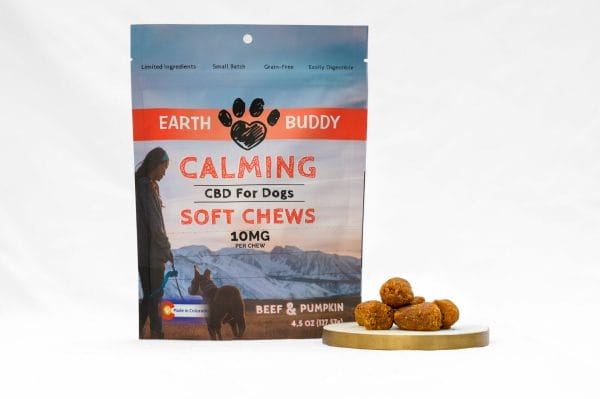 A bag of Earth Buddy calming CBD treats. Earth Buddy Beef & Pumpkin CBD Soft Chews for Large Dogs.