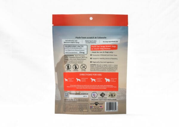 The back of a bag of small batch Earth Buddy calming CBD soft chew treats in Beef & Pumpkin Flavor.
