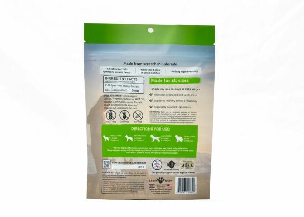 Try these calming treats. A bag of Earth Buddy Duck & Apple CBD Soft Chews for Small Dogs.