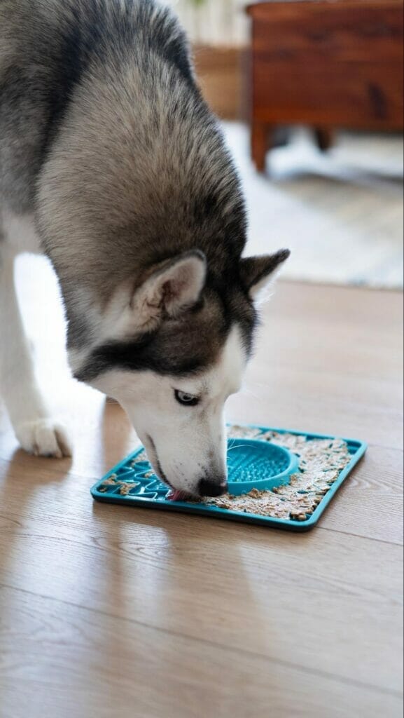 Siberian husky licking food on a Messy Mutts lick mat for dogs with Earth Buddy CBD for dogs mixed in to promote mental stimulation.