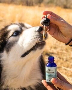 Siberian Husky taking organic CBD oil for dogs from a dropper. Dogs taking CBD oil daily will see better results when it is in food. 