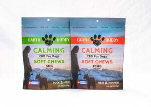 Earth Buddy's 2 new CBD dog treats for anxiety in with car rides, vet visits, fireworks, and thunderstorms. Come in Beef flavor and Duck flavor with full spectrum CBD oil.