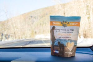 Bag of Earth Buddy CBD treats for dogs with pumpkin on the dashboard of a car to calm hyper dogs when bringing them to work.