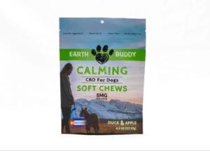Bag of Earth Buddy CBD dog treats with duck and apple help calm anxious dogs when going to a work environment. 