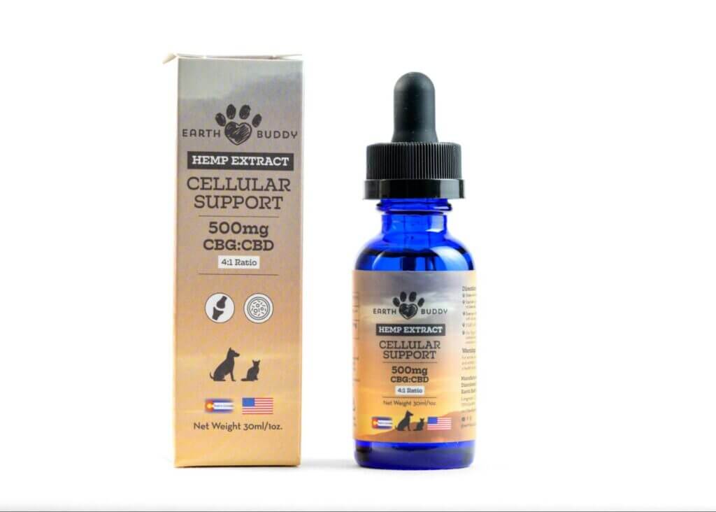 Earth Buddy Cellular Support with CBG oil for dogs with orange label and orange box. CBG has anti inflammatory properties and is great for nervous dogs.