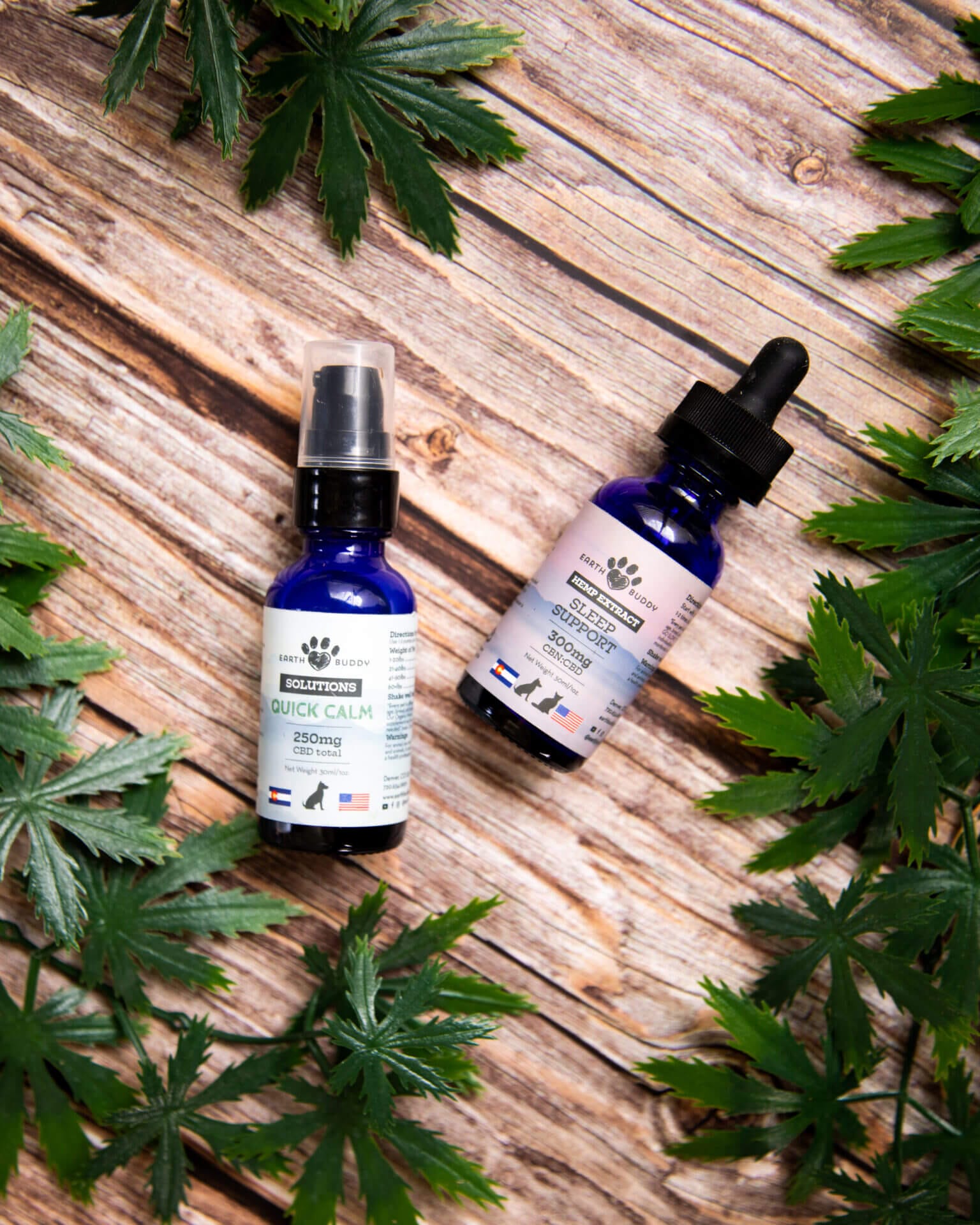 Earth Buddy CBD tinctures that are a part of a pet calming supplements bundle.