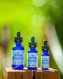 Earth Buddy’s 3 best CBD oil for dogs with anxiety in 250mg, 500mg, and 1000mg sizes in blue bottles with blue labels.