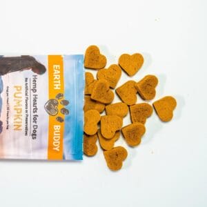 Earth Buddy’s best cbd dog treats pumpkin in a blue bag with cbd biscuits spread out on white table. Try some cbd today.