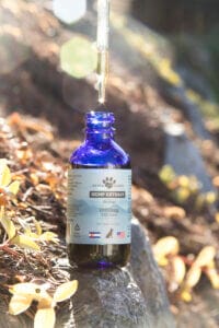 Blue bottle of Earth Buddy’s strongest cbd oil for dogs with a dropper slowly dripping organic cbd oil into the bottle. 