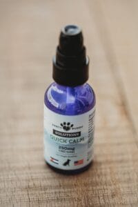 Bottle of Earth Buddy’s Quick Calm CBD spray for dogs & cats contains fast-acting cbd for dogs with separation anxiety.